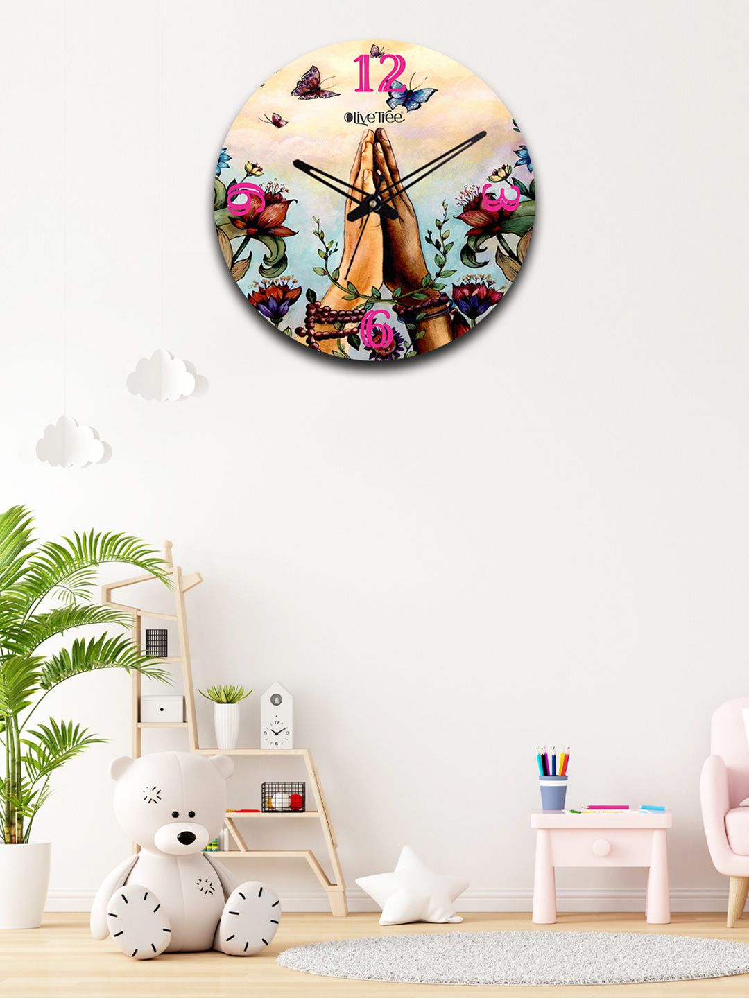 OLIVE TREE Brown & Green Printed Wooden Round Shaped Contemporary Wall Clock-picture-24