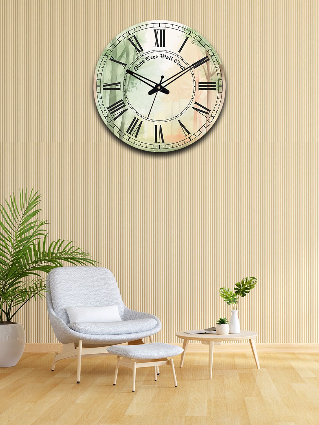 OLIVE TREE Beige & Green Printed Wooden Round Shaped Contemporary Wall Clock-picture-16