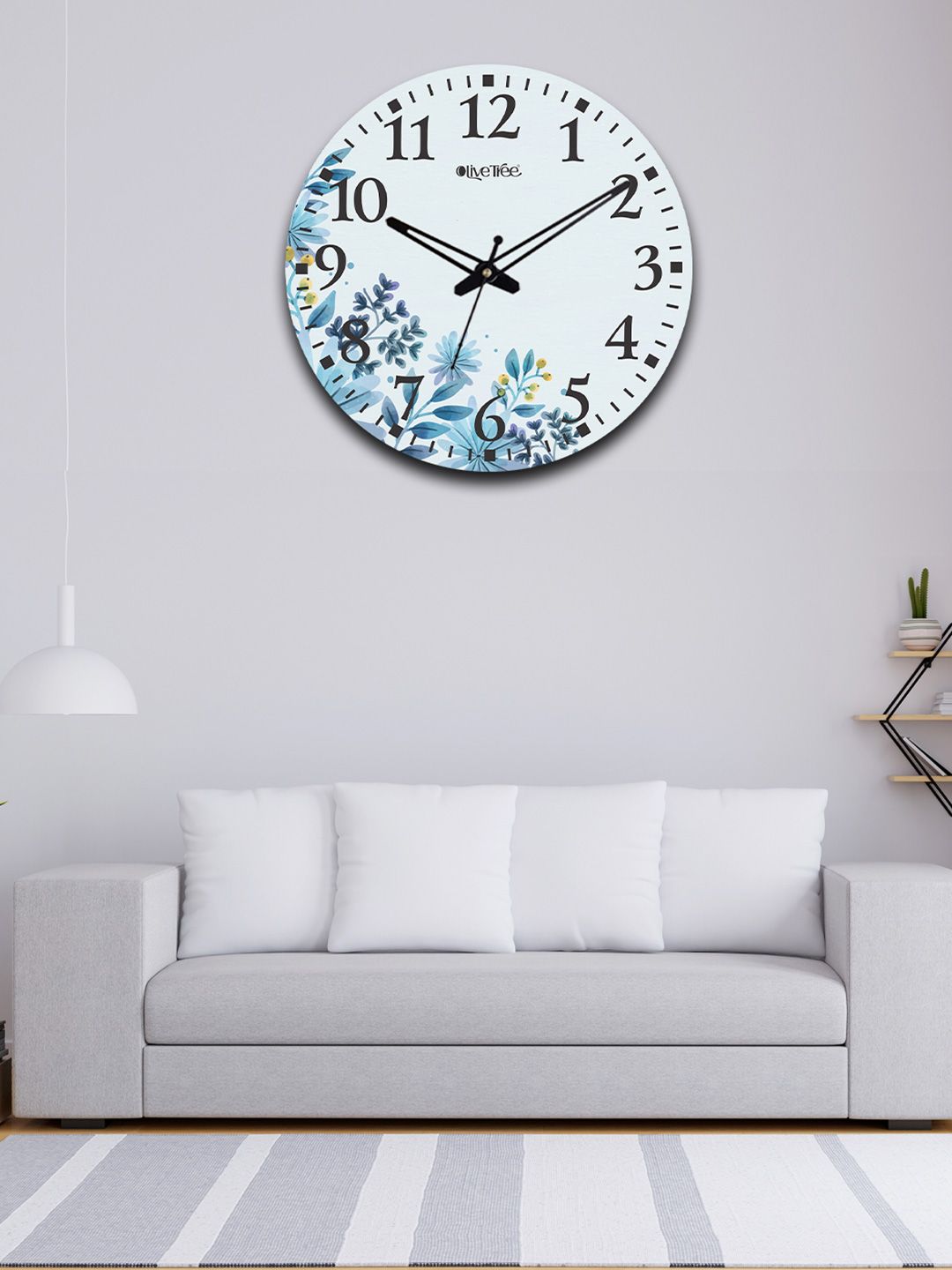 OLIVE TREE Blue Printed Wooden Round Shaped Contemporary Wall Clock-picture-22