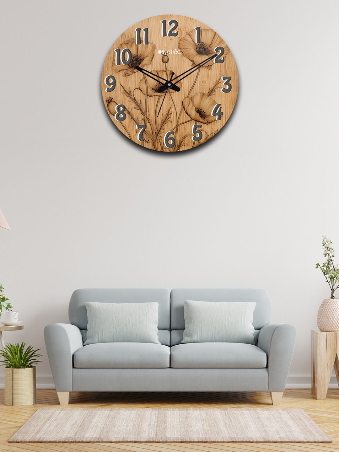 OLIVE TREE Brown Printed Wooden Round Shaped Contemporary Wall Clock-picture-17