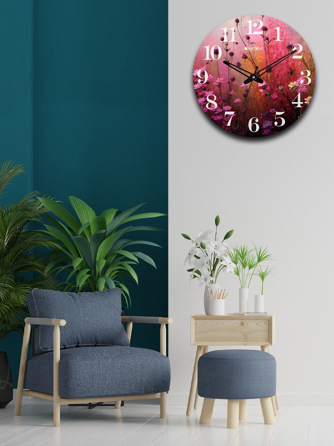 OLIVE TREE Purple & Yellow Printed Wooden Round Shaped Contemporary Wall Clock-image-26