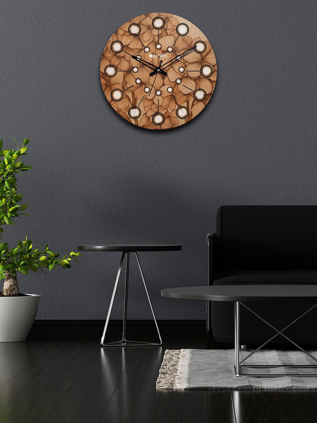 OLIVE TREE Brown & White Printed Wooden Round Shaped Contemporary Wall Clock-picture-32