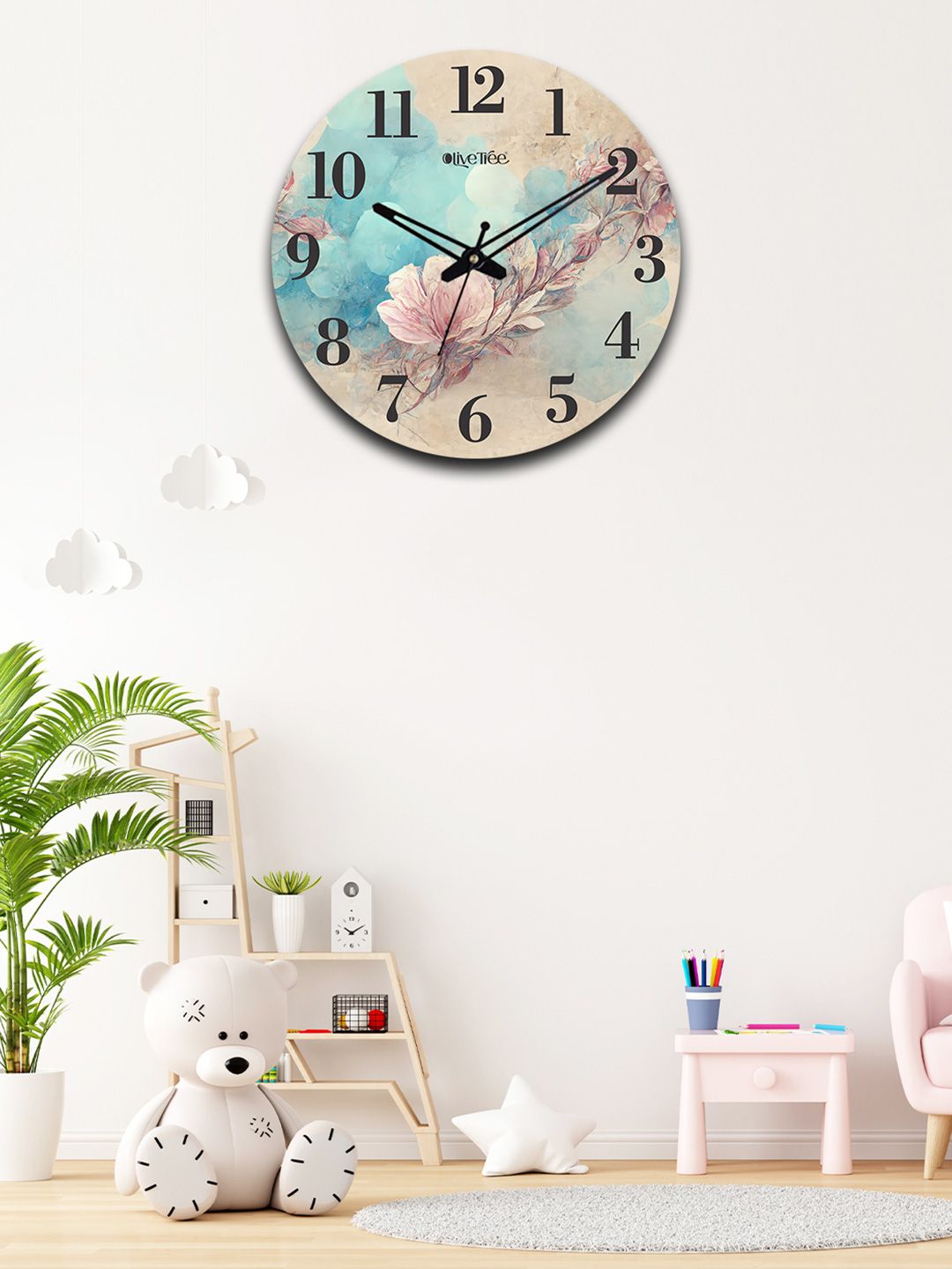 OLIVE TREE Blue & Beige Printed Wooden Round Shaped Contemporary Wall Clock-picture-27
