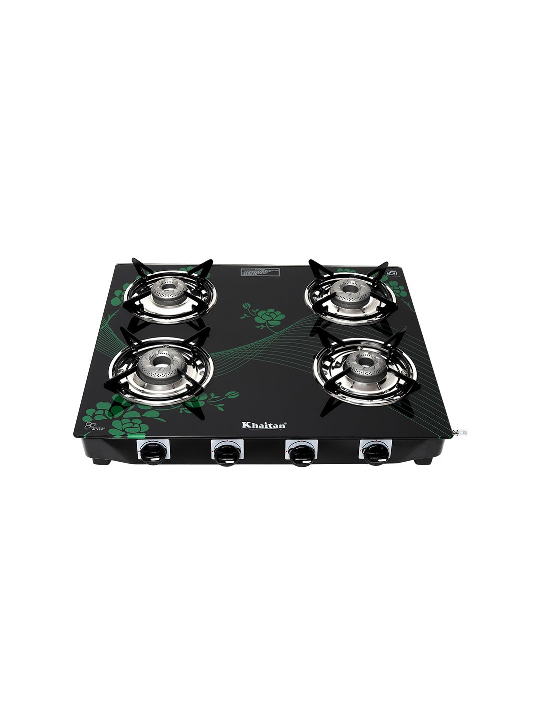 Khaitan Black Toughened Glass Top 4 Burner Manual Gas Stove