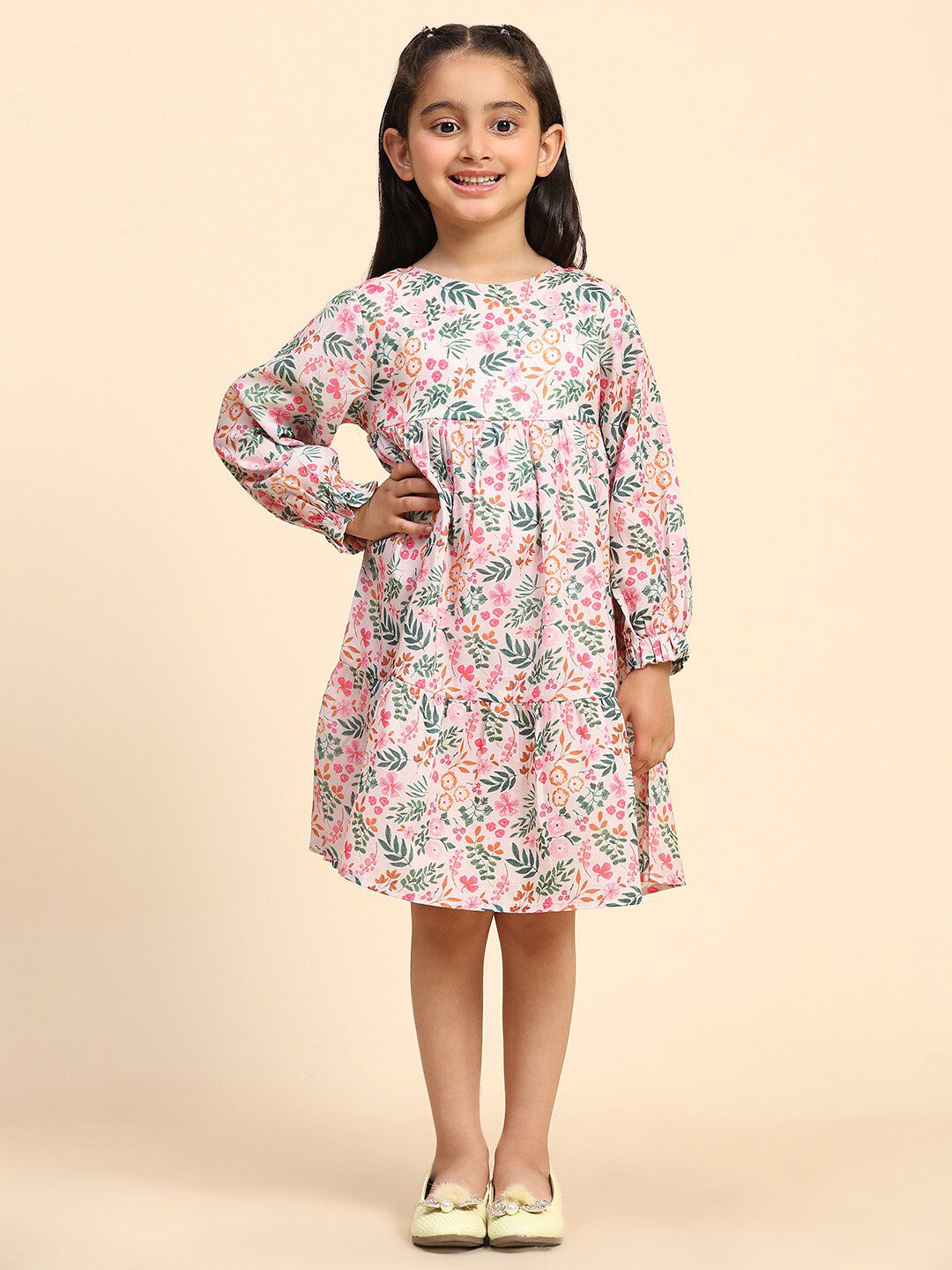 Maaesa Girls Floral Print Puff Sleeve Cotton A-Line Dress-picture-12