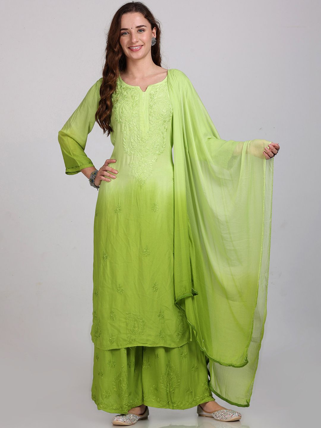 KHAKA Floral Embroidered Round Neck Chikankari Straight Kurta With Palazzos & Dupatta