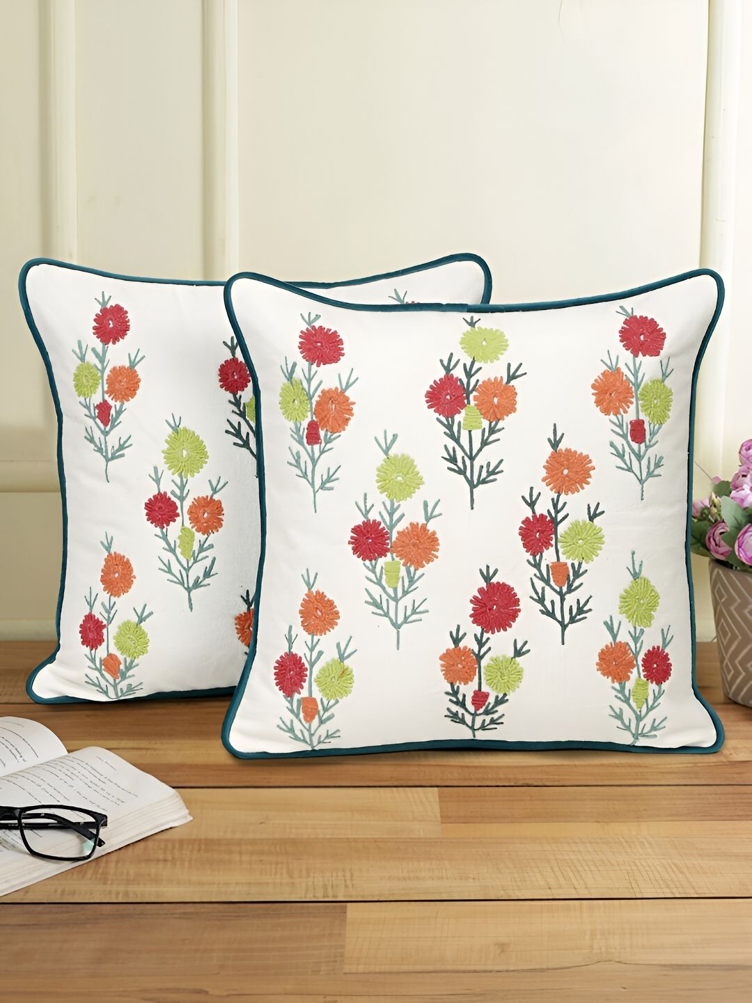 eyda White & Green 2 Pieces Embroidered Square Cotton Cushion Covers-picture-10