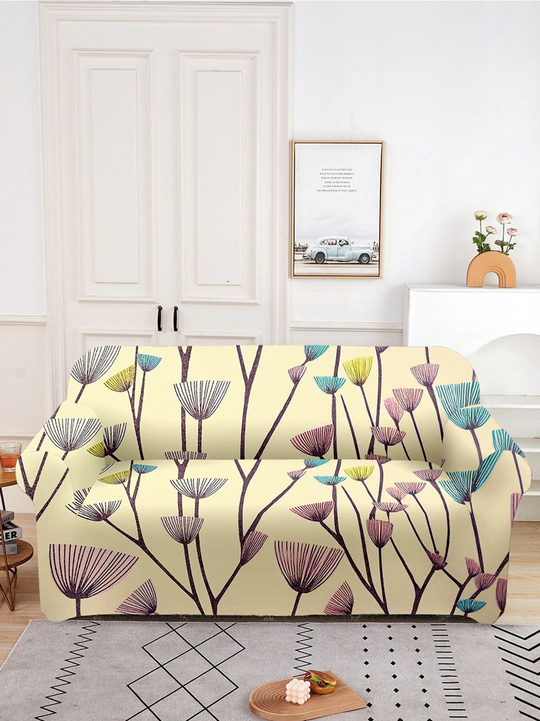 Aura Cream & Blue Printed 2 Seater Sofa Cover With Arms-image-38
