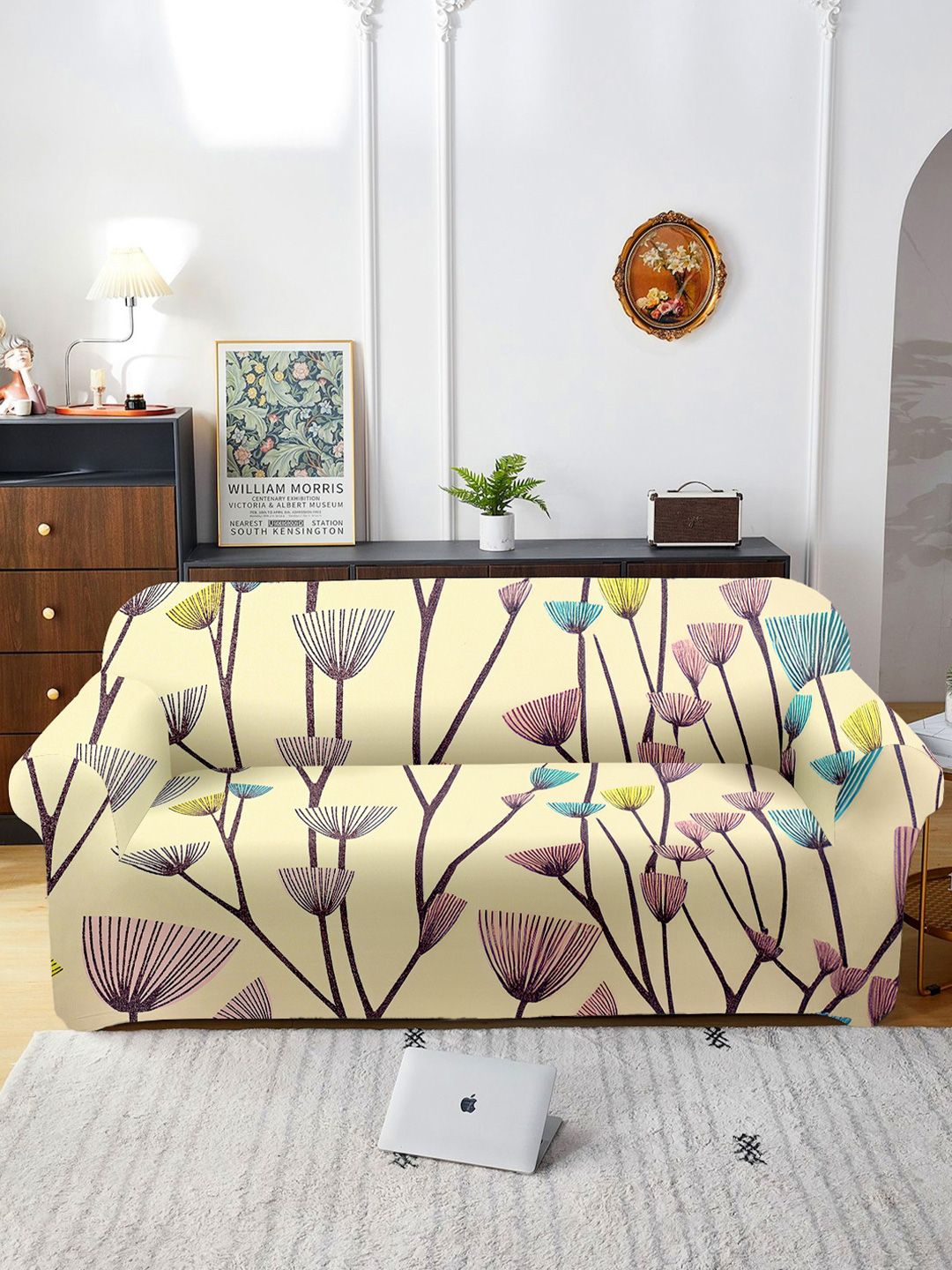 Aura Cream & Pink Printed 3 Seater Sofa Cover With Arms-image-36