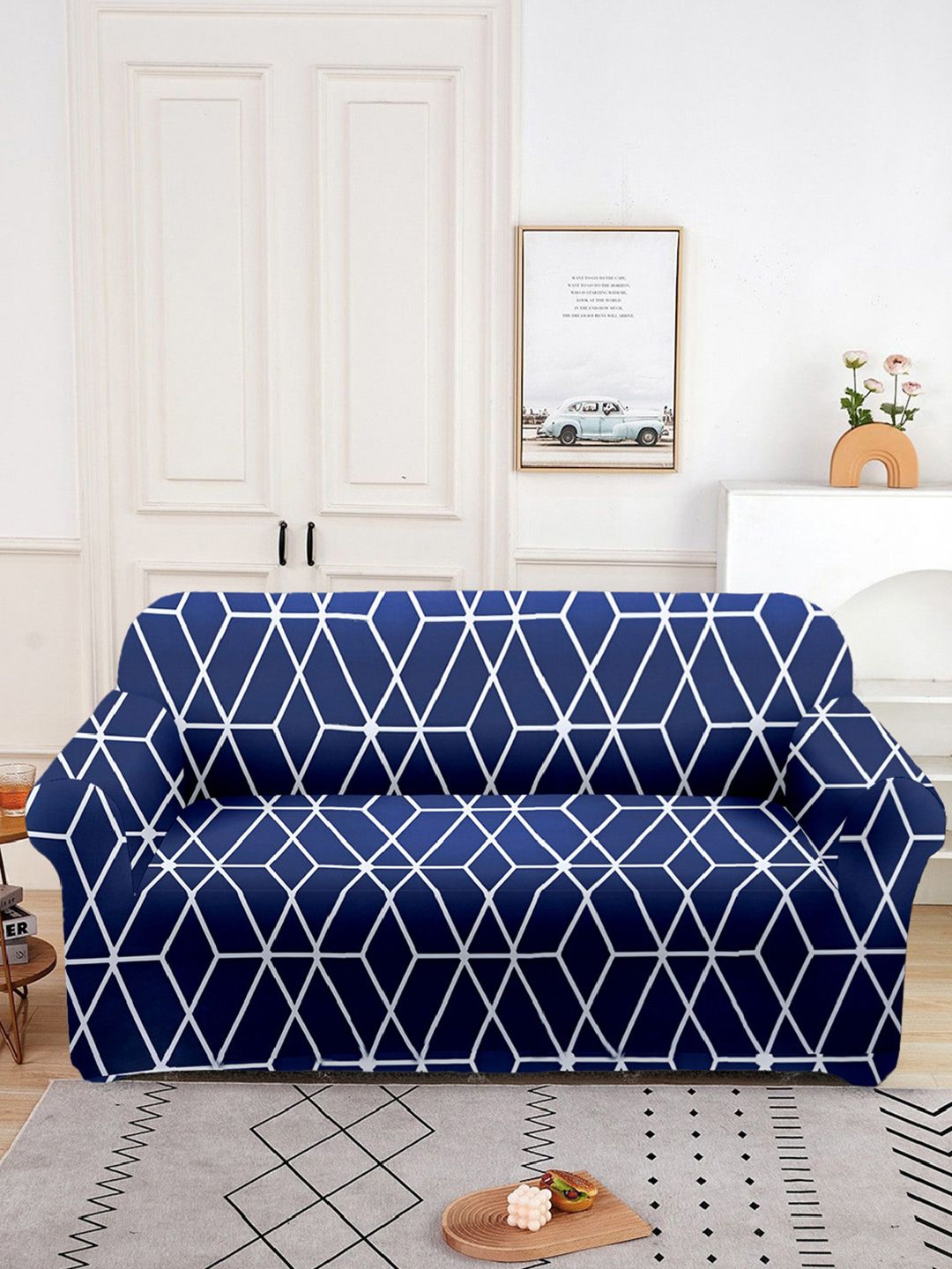 Aura Blue Printed 2 Seater Sofa Cover With Arms-image-6