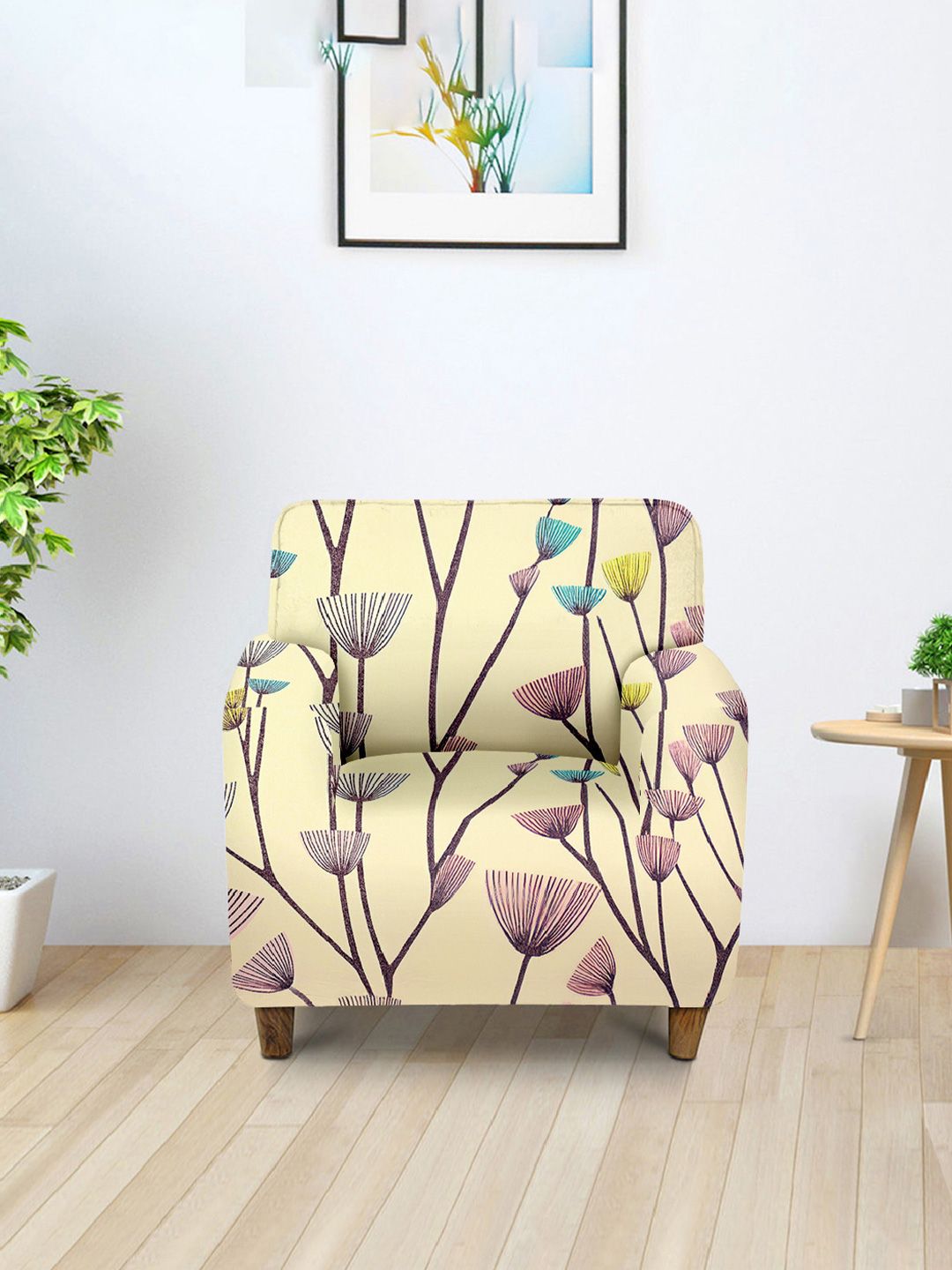 Aura Cream & Blue Printed Single Seater Sofa Cover With Arms-image-37