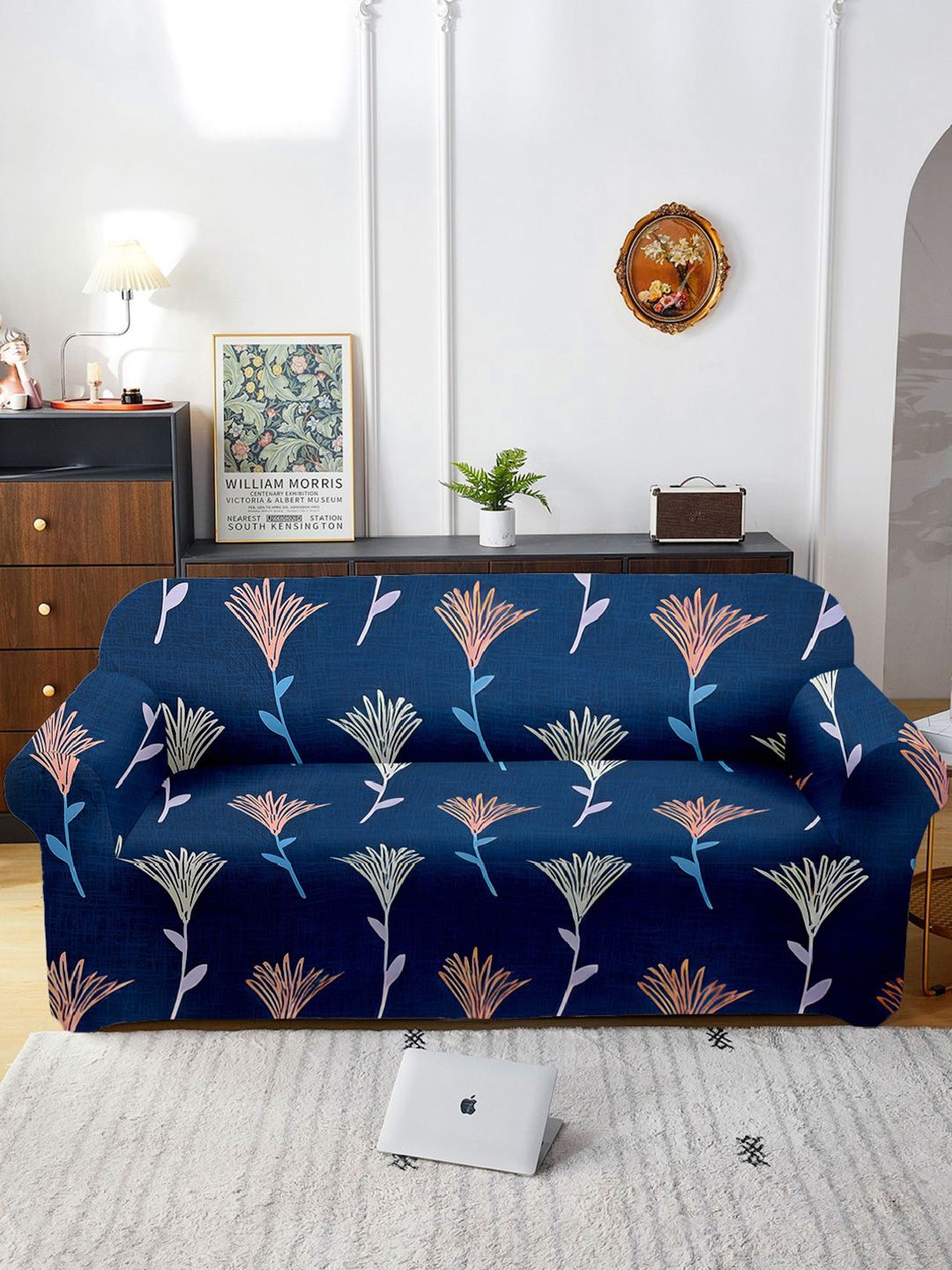 Aura Blue Printed Three Seater Sofa Cover With Arms-picture-18