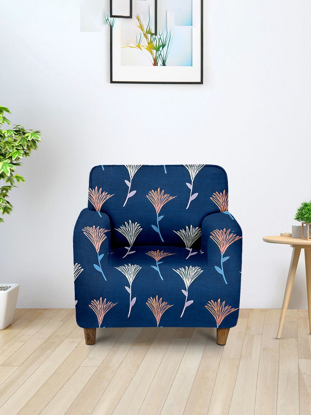 Aura Blue Printed Single Seater Sofa Cover With Arms-image-8