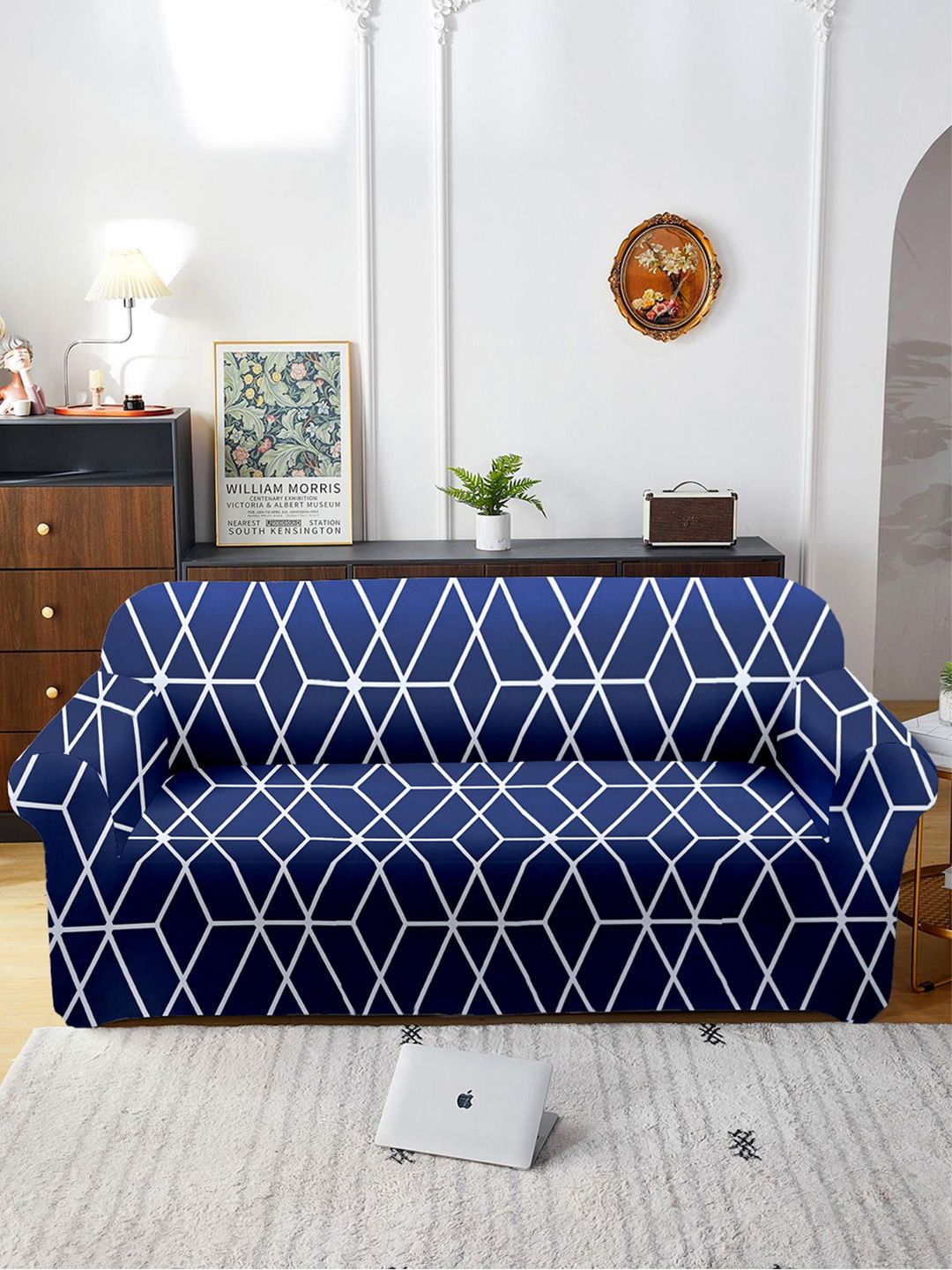 Aura Blue & White Printed 3 Seater Sofa Cover With Arms-image-24