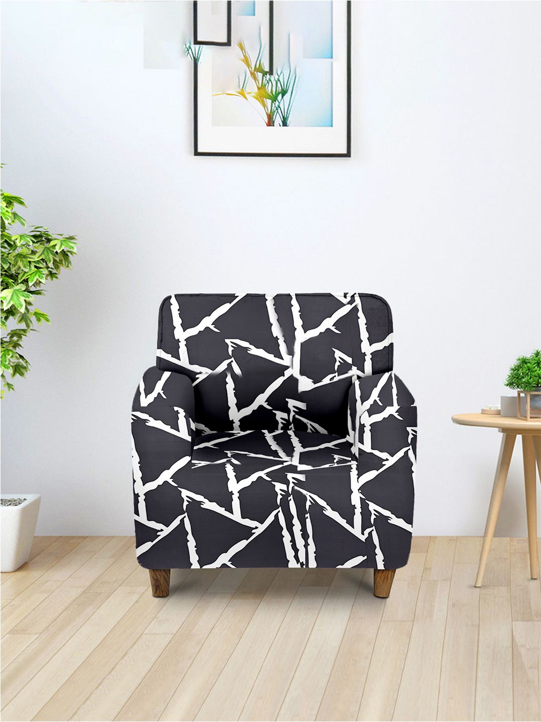 Aura Black & White Printed Single Seater Sofa Cover With Arms-picture-39
