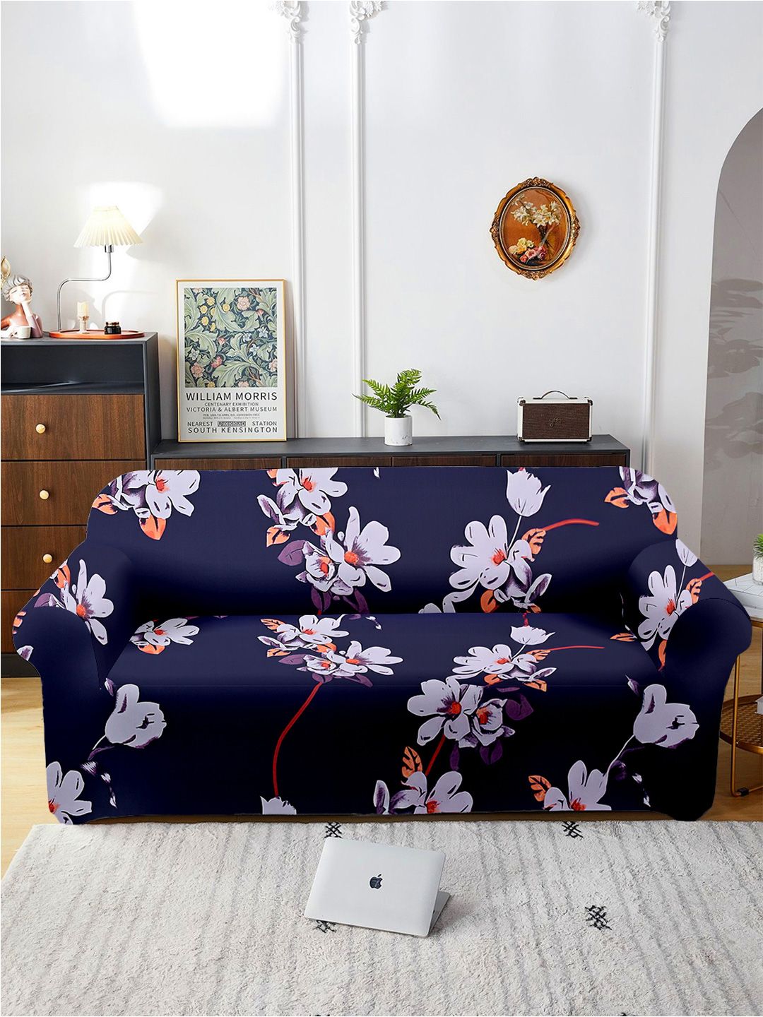 Aura Purple & Red Printed Three Seater Sofa Cover With Arms-image-44