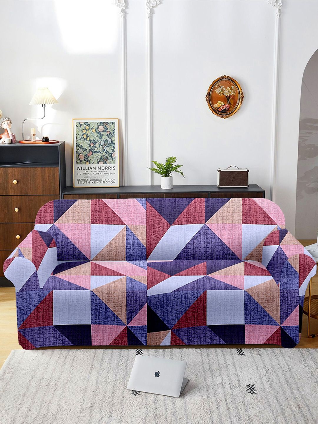 Aura Purple & Pink Printed 3 Seater Sofa Cover With Arms-image-41