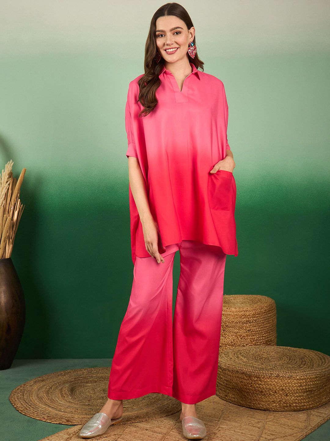 Sangria Ombre Printed Shirt Collar Tunic With Trousers-picture-32