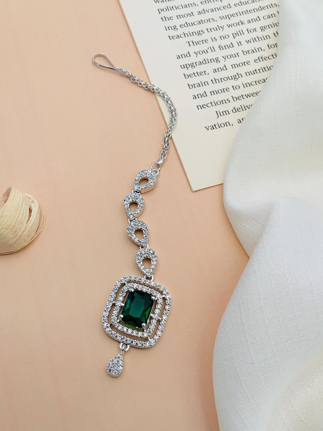 ABDESIGNS Silver-Plated Artificial Stones and Beads Studded Maang Tikka Head Jewellery-picture-11