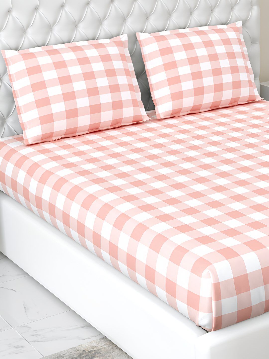 haus & kinder White Geometric 186 TC Fitted Pure Cotton Queen Bedsheet & 2 Pillow Covers-picture-27