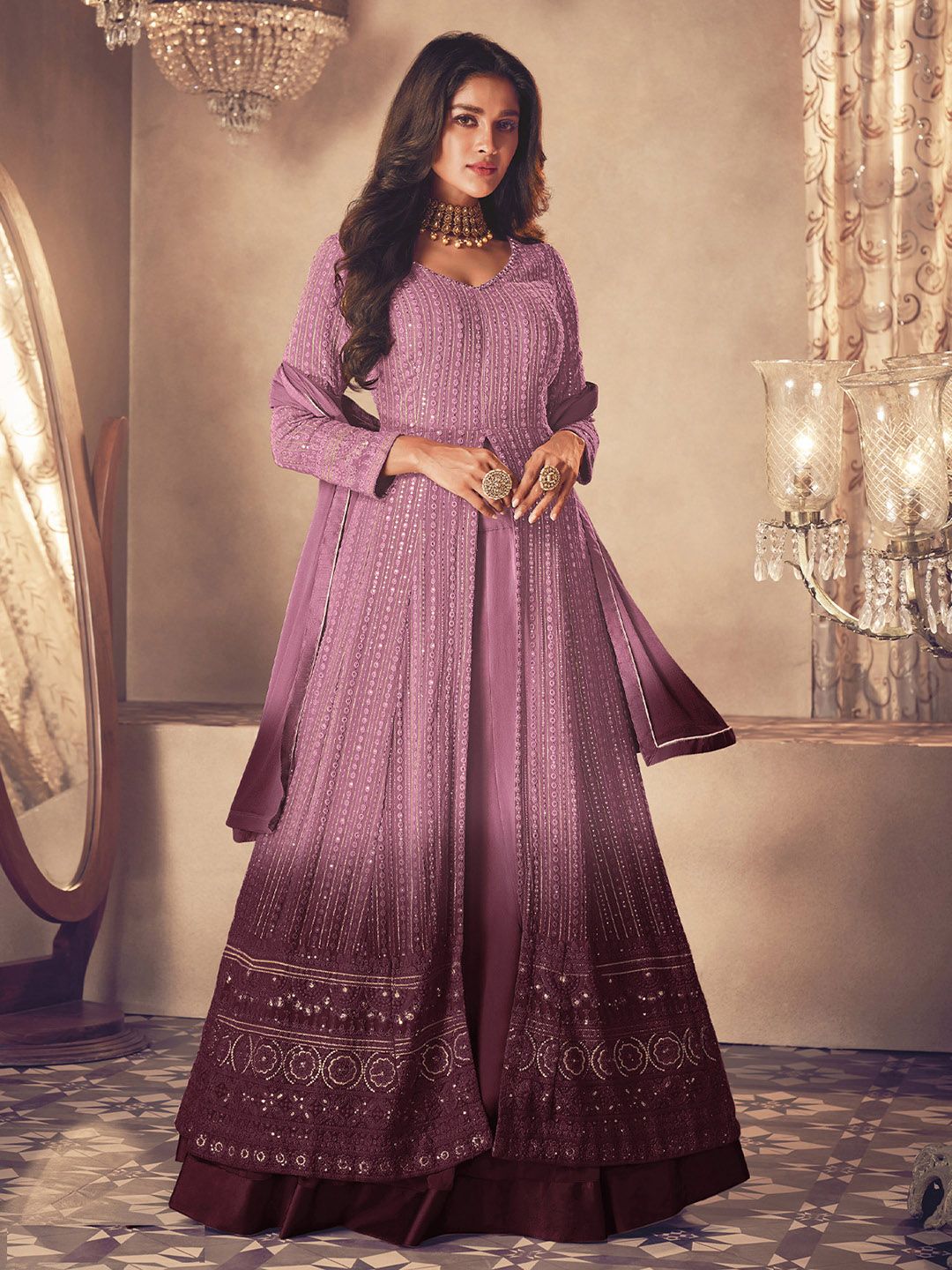 Women Rust Floral Embroidered Regular Kurta with Sharara & With Dupatta