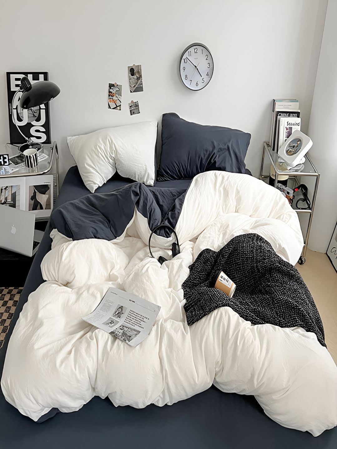 JC HOME Navy Blue & White Double Queen Bedding Set