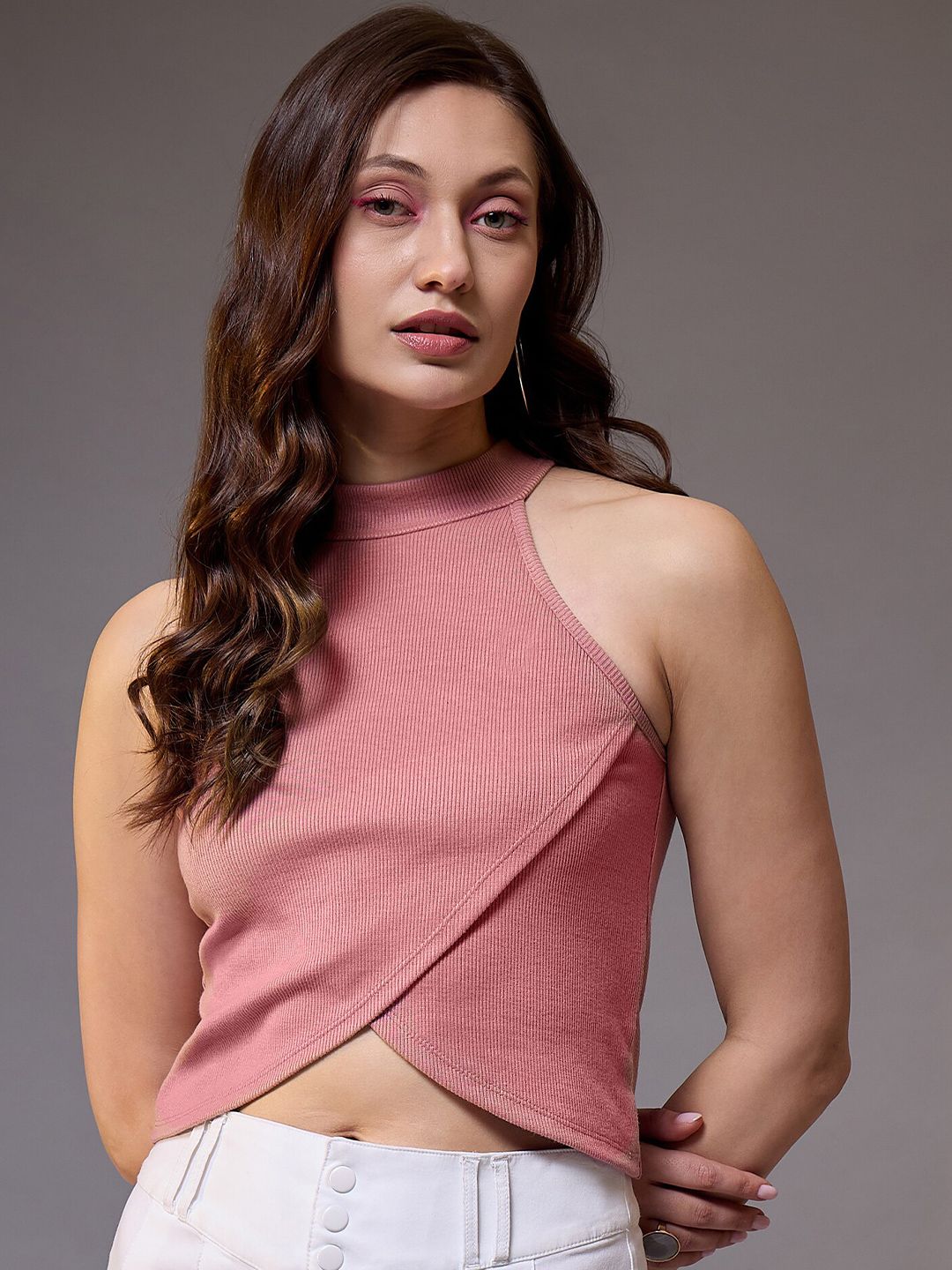 STYLECAST X KASSUALLY Pink High Neck Sleeveless Cotton Crop Top-picture-38