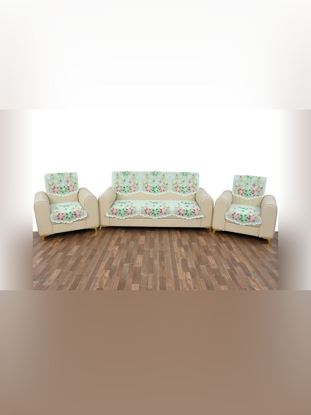 BIGGER FISH Green 10 Pieces Floral Printed Cotton 5 Seater Sofa Covers-picture-39