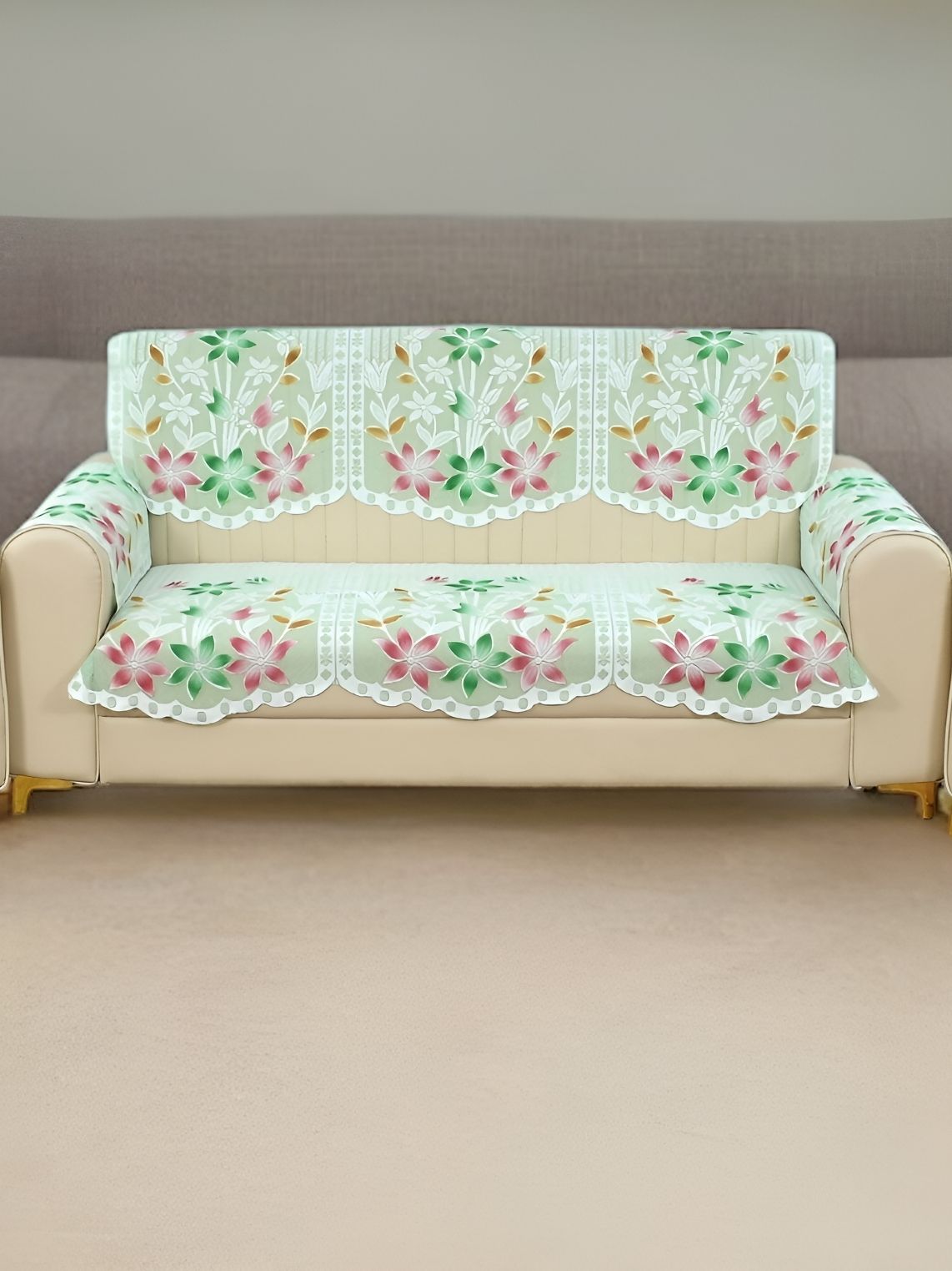 BIGGER FISH Green 2 Pieces Floral Printed Cotton 3 Seater Sofa Covers With Arms-picture-39