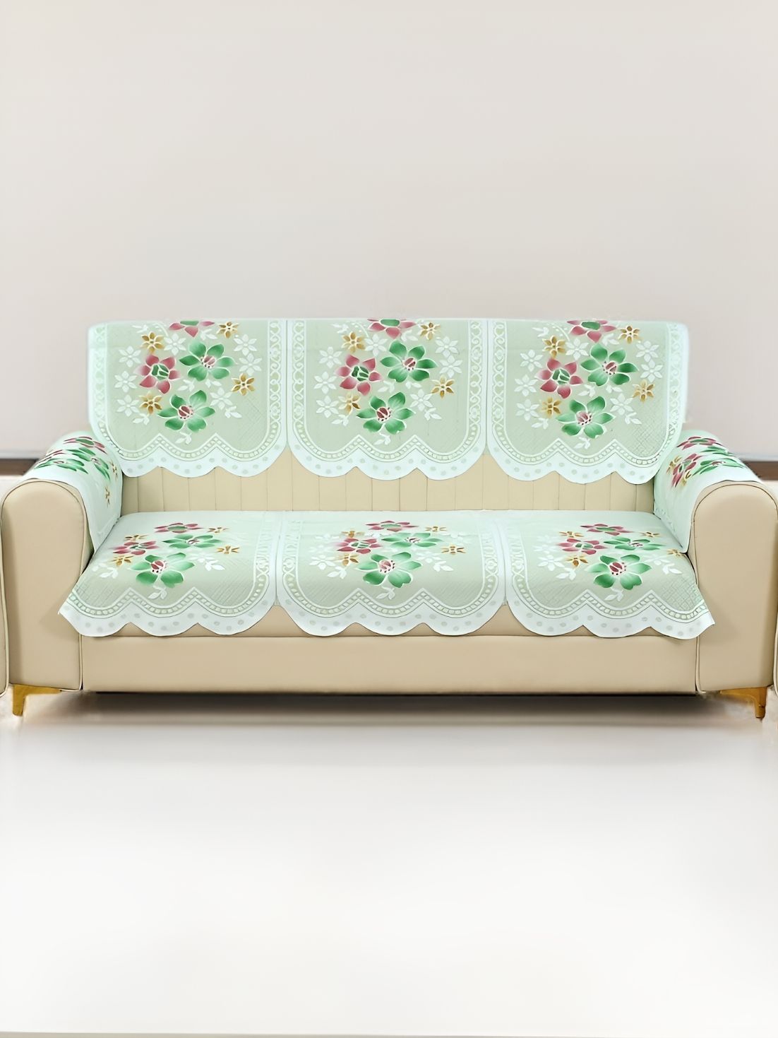 BIGGER FISH Green 4 Pieces Floral Printed 3 Seater Cotton Sofa Cover With Arms-picture-16