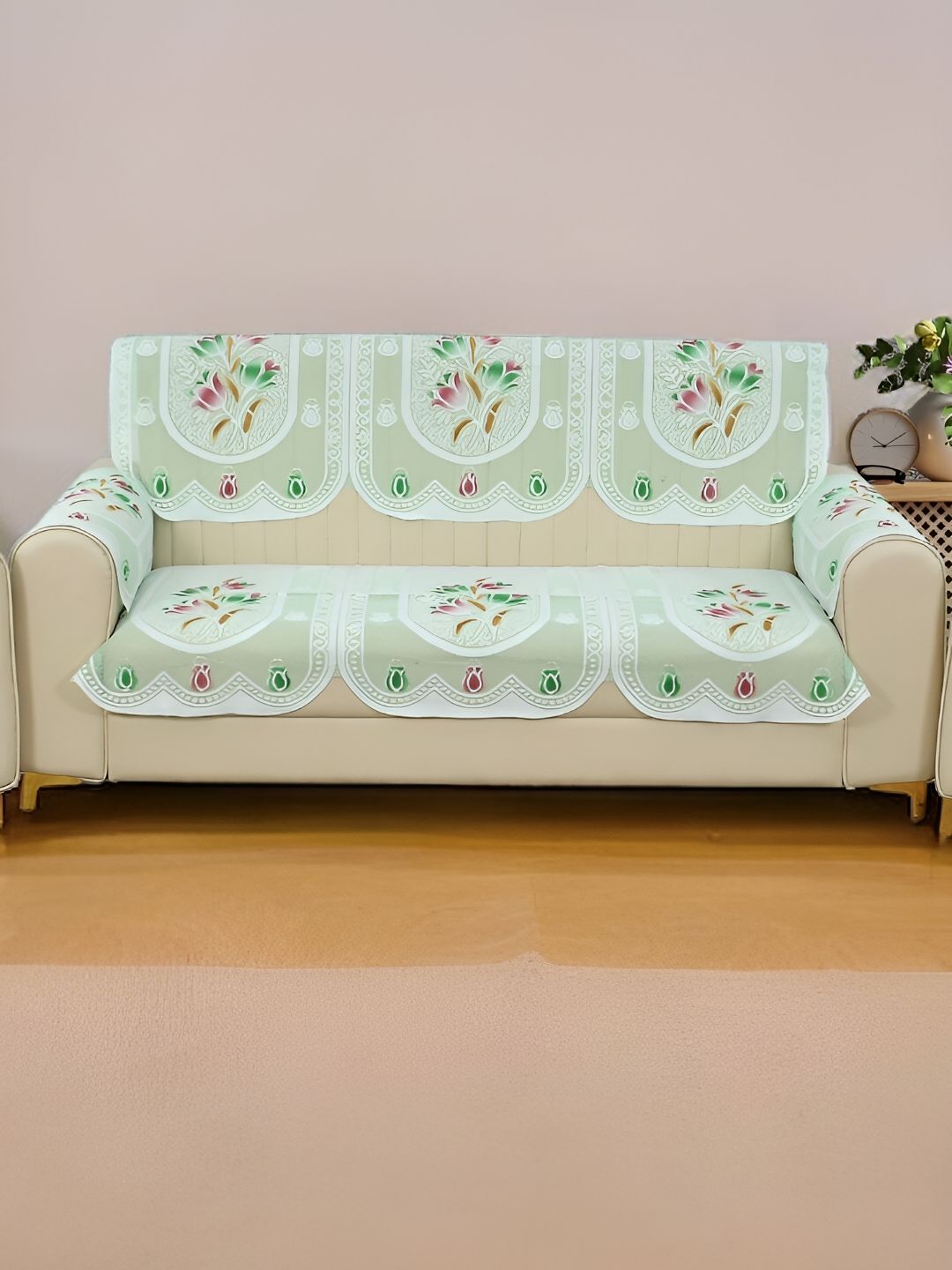BIGGER FISH Green 2 Pieces Floral Printed Cotton 3 Seater Sofa Covers With Arms-picture-24