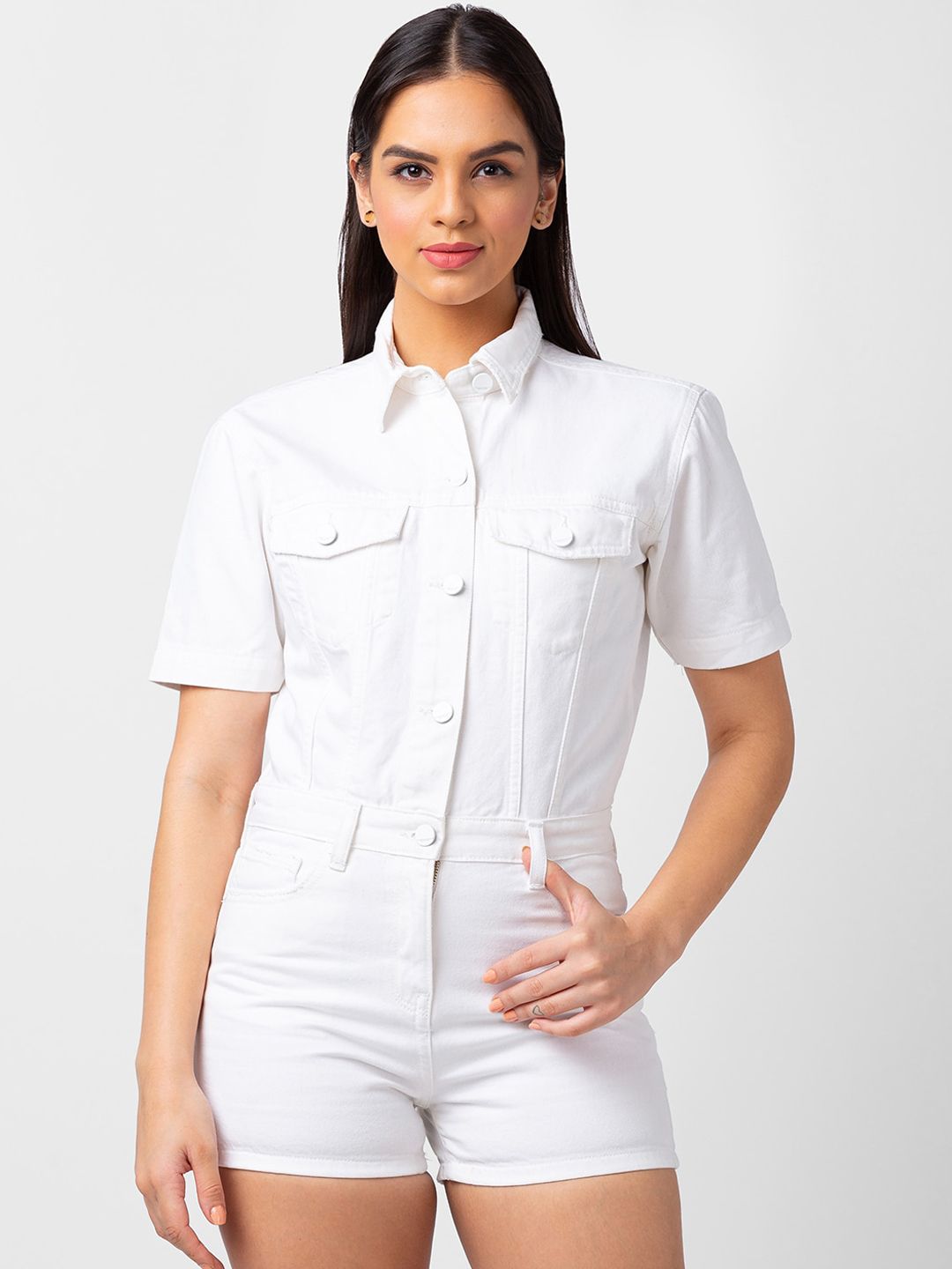 SPYKAR Shirt Collar Cotton Playsuit-image-0