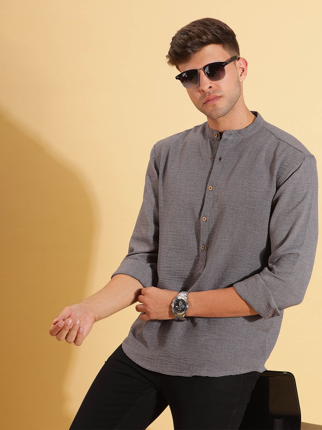 HERE&NOW Mandarin Collar Long Sleeves Short Kurta-picture-34