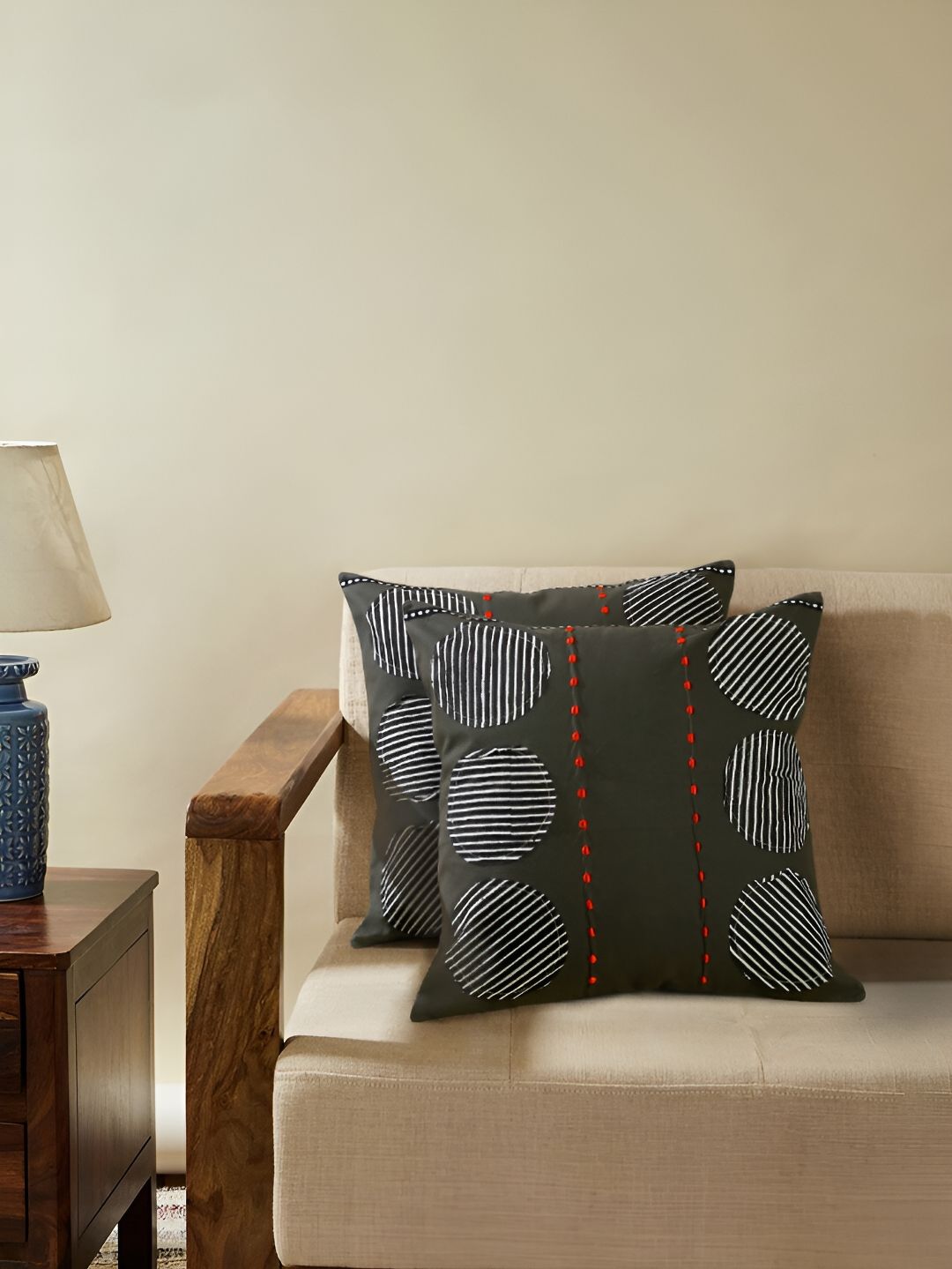 ratan cart TARAN LIVING Charcoal & White 2 Pieces Geometric Printed Cotton Square Cushion Covers-picture-14