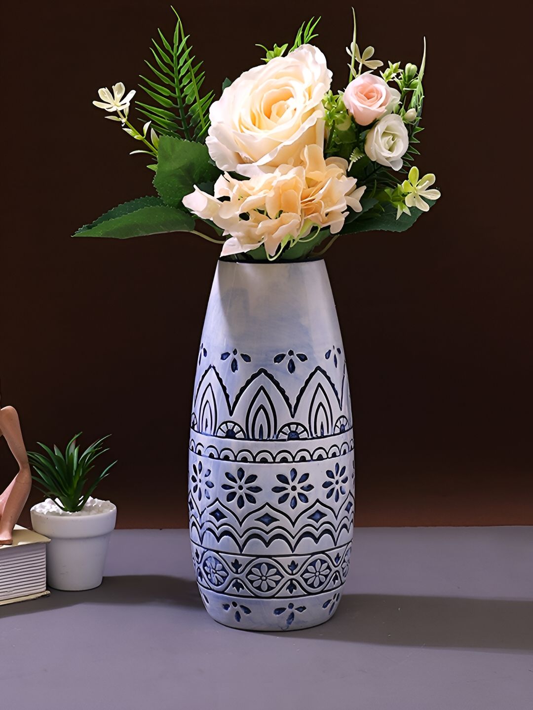 Aura White & Blue Printed Hollow Flower Vase-picture-36