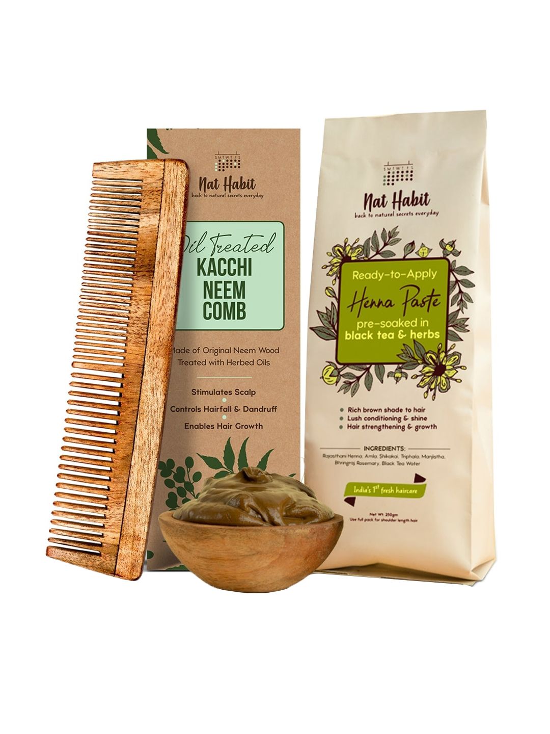 Nat Habit Set Of 2 Neem Kacchi Comb & Ready To Apply Henna Paste - 250 gm-picture-49