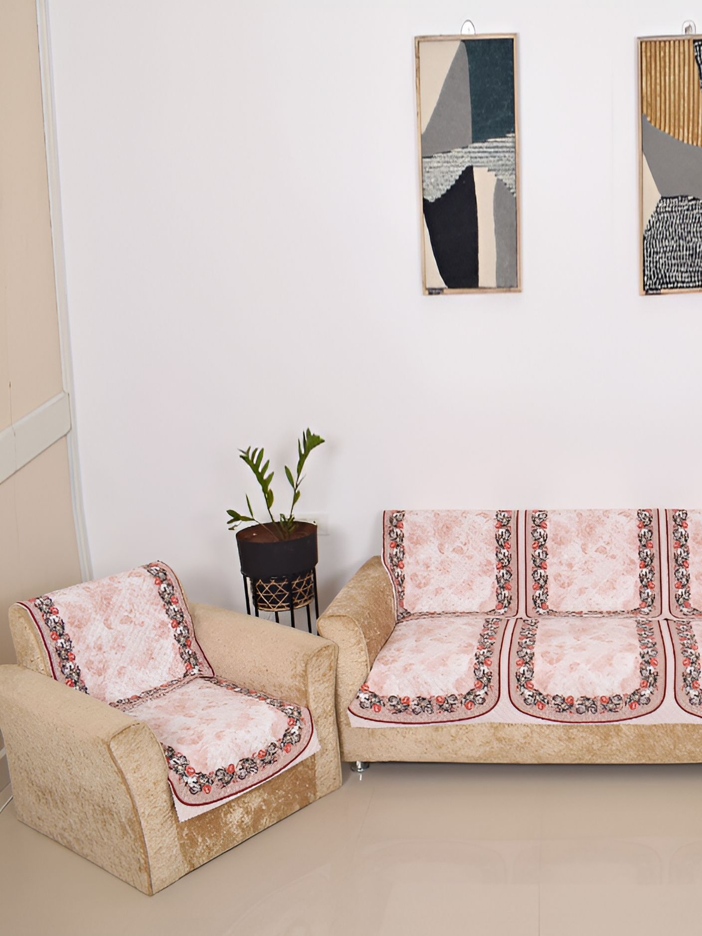 BELLA TRUE Pink & Green 6 Pieces Printed 5 Seater Sofa Covers-picture-11