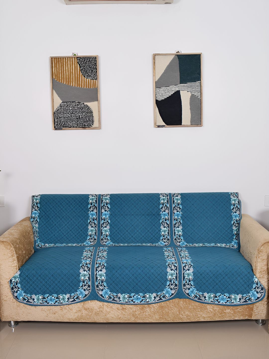 BELLA TRUE Blue & White 6 Pieces Printed 5 Seater Sofa Covers-picture-12