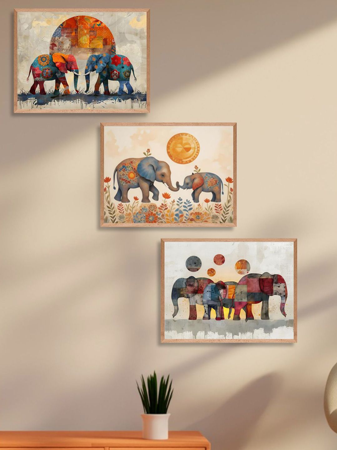 Aura Beige & Orange 3 Pieces Birds and Animals Printed Wall Paintings-image-21