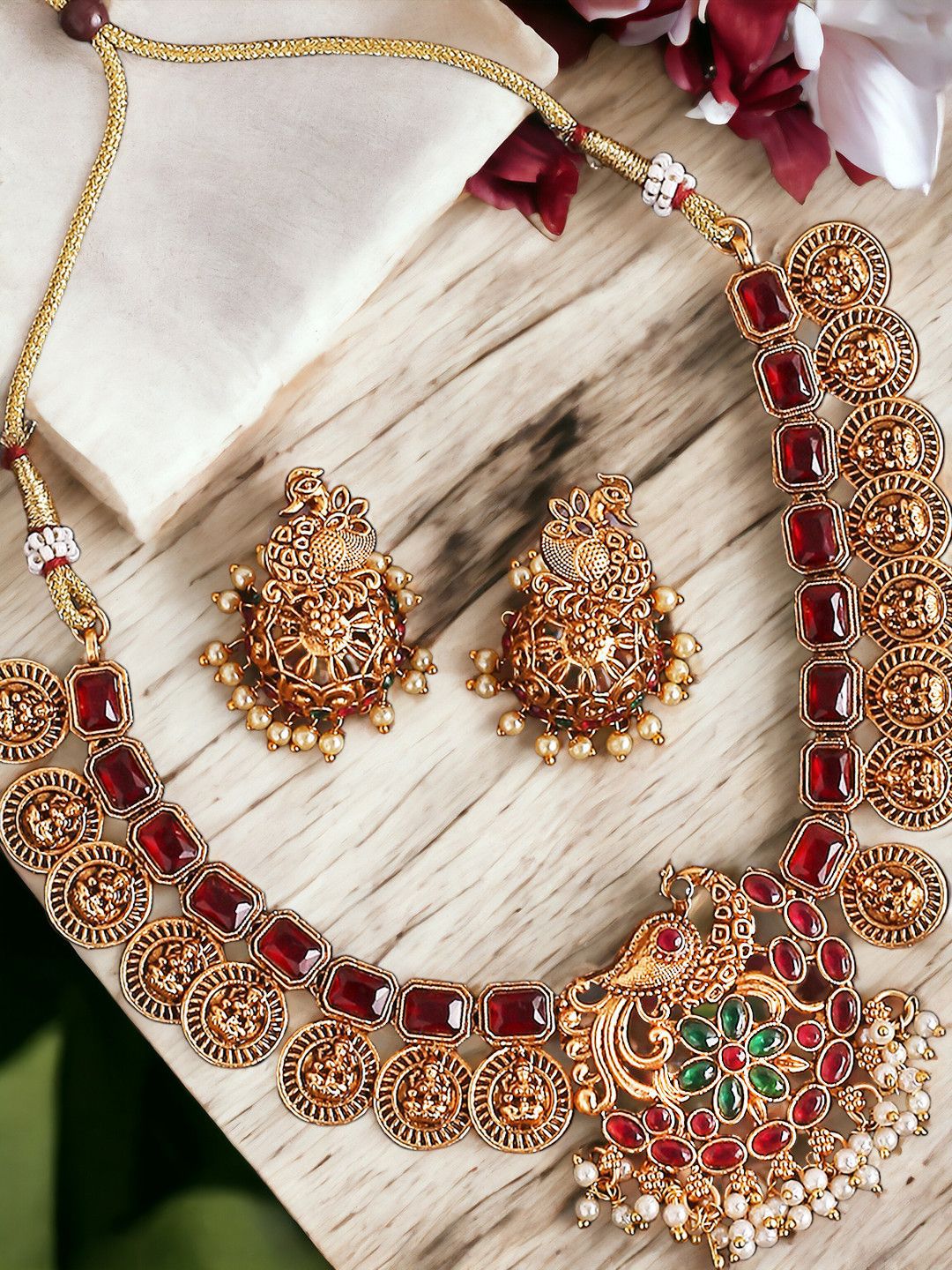 OOMPH Artificial Stones Studded & Pearls Beaded Temple Jewellery Set-image-13