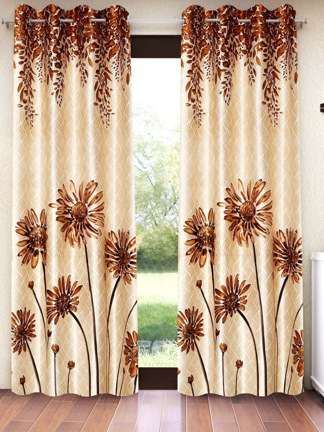 Home Sizzler Cream & Brown 2 Pieces Floral Door Curtains-picture-17