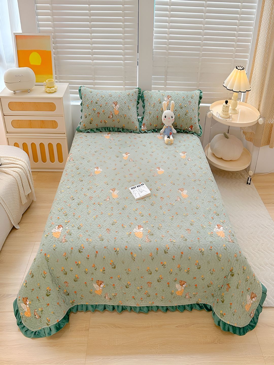 JC HOME Green Quilted Printed 162TC Double King Bed Cover With 2 Pillow Covers-image-35