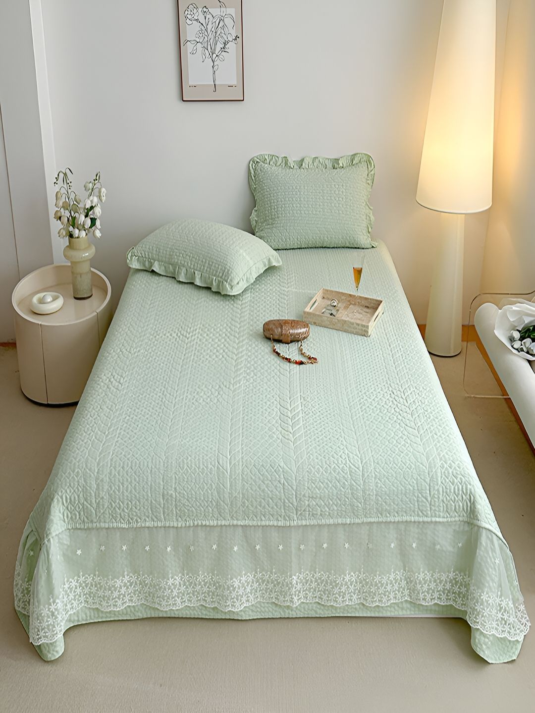 JC HOME Green Floral 162 TC  Double King Bed Cover & 2 Pillow Covers-picture-13