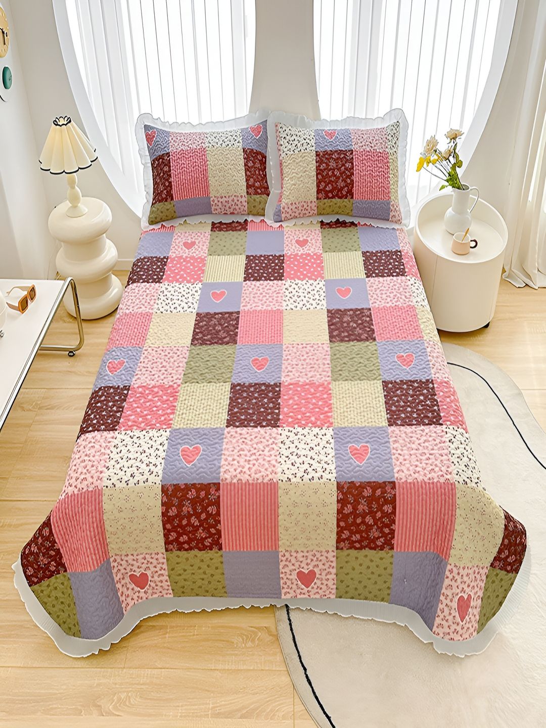 JC HOME Brown & Pink  Printed 162TC Double King Bed Cover With 2 Pillow Covers