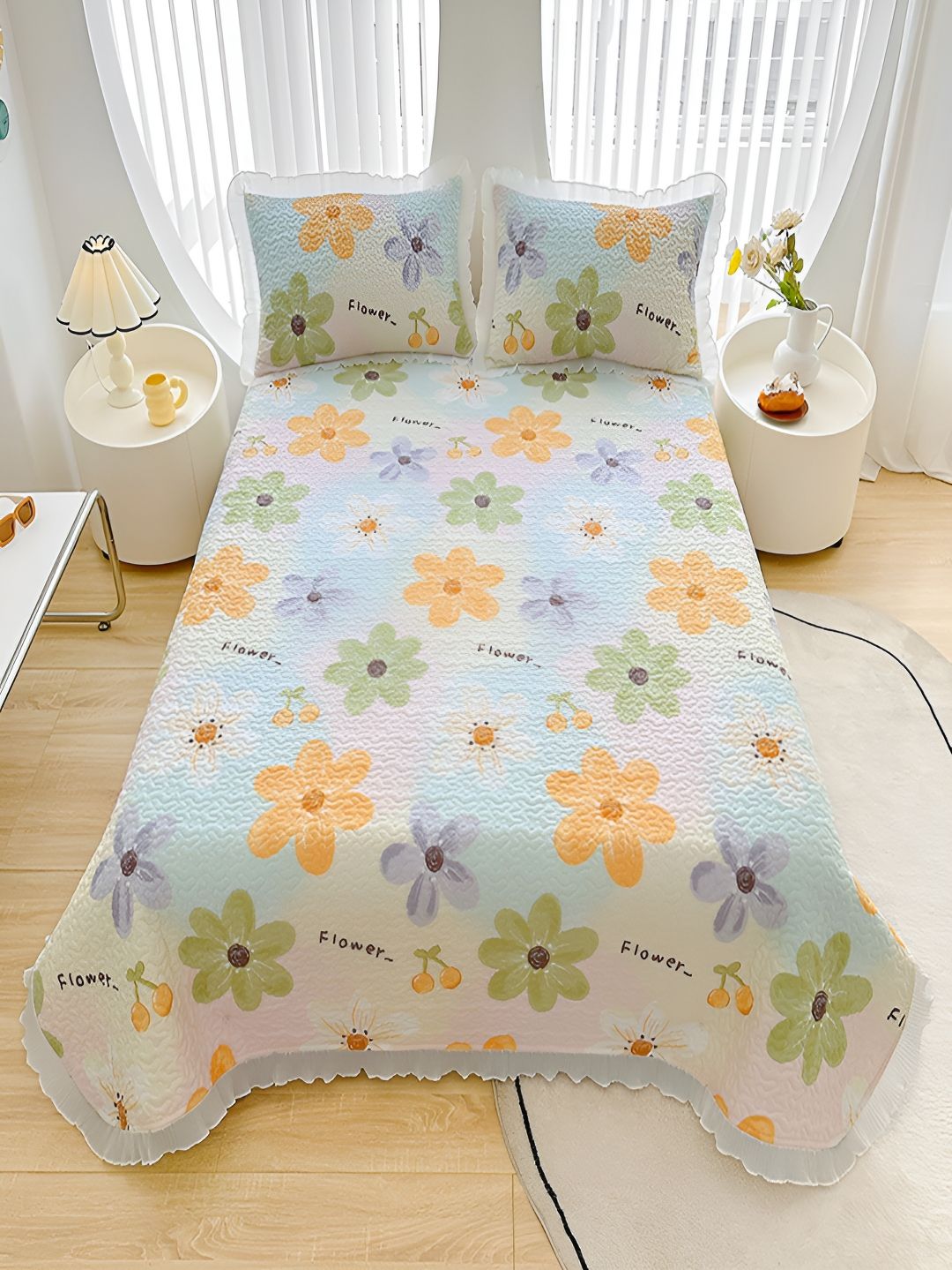 JC HOME Blue & Orange Floral 128 TC Double Queen Bed Cover With 2 Pillow Covers-image-34