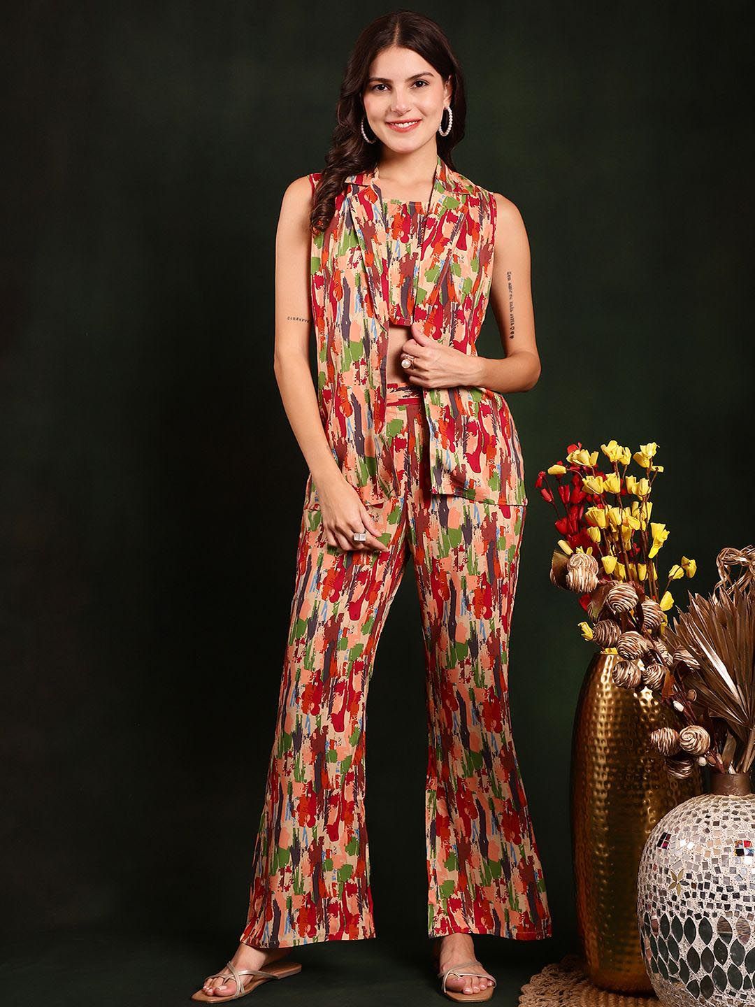 Claura Red Abstract Printed Round Neck Sleeveless Top With Trousers & Jacket