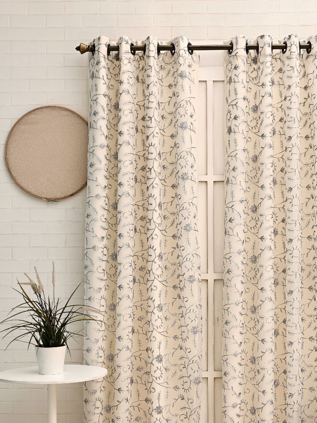 Ariana Grey & Beige Floral Embroidered Room Darkening Window Curtain-image-20