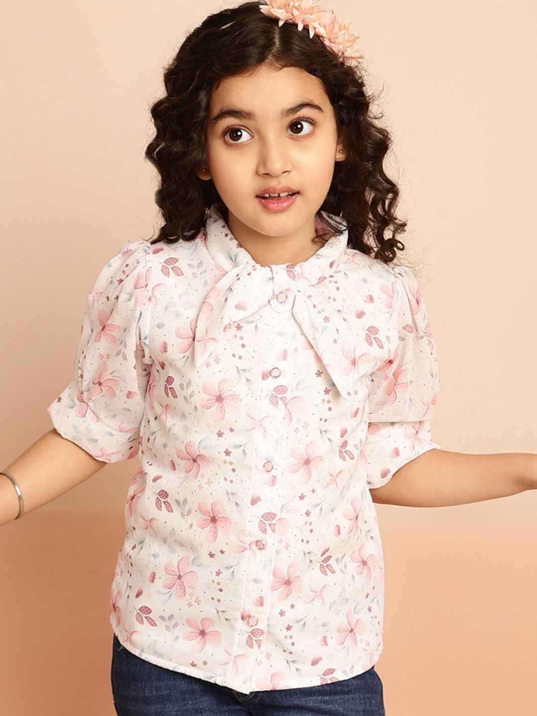 BAESD Girls Floral Print Puff Sleeves Georgette Shirt Style Top