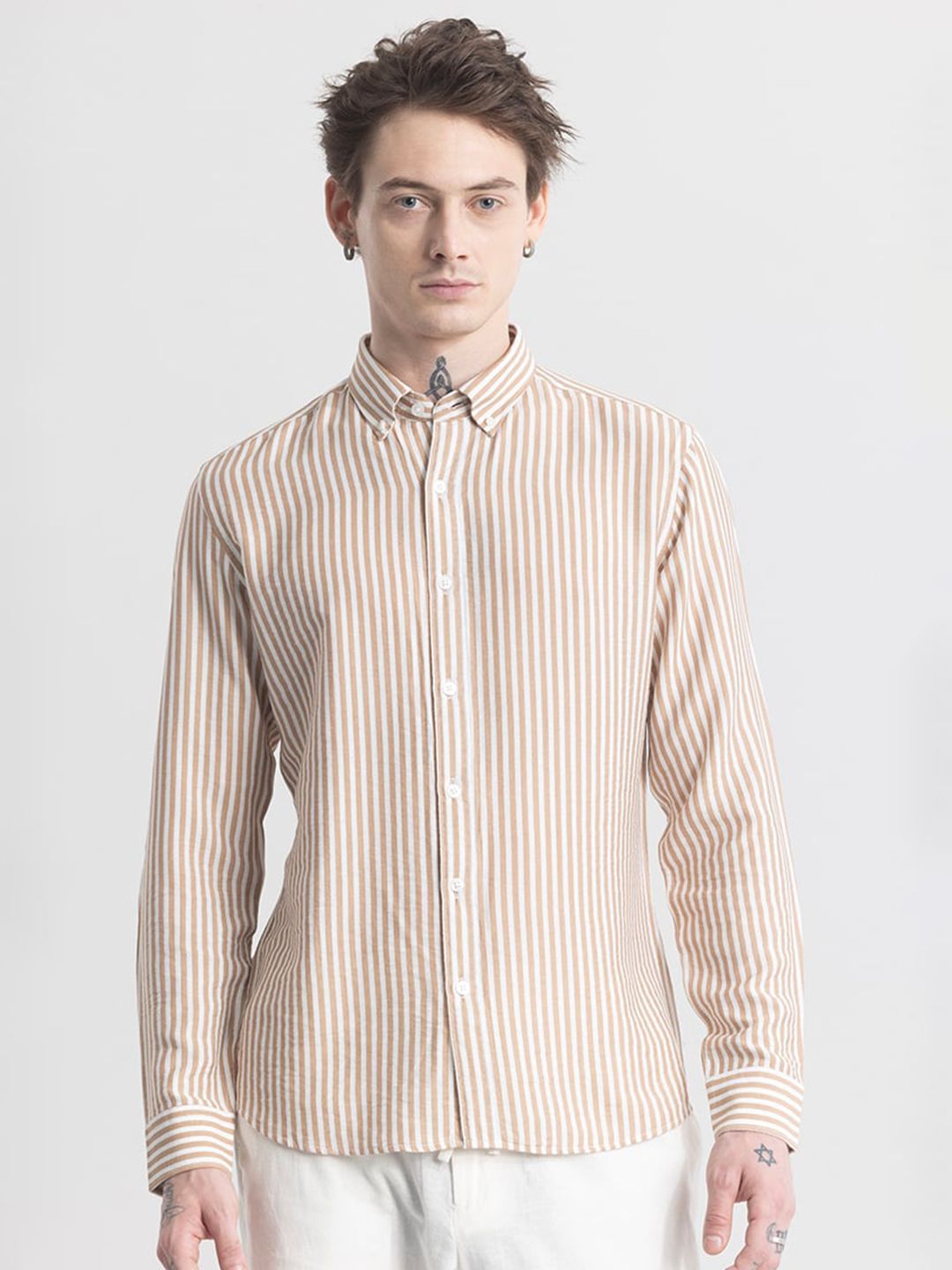 Snitch Beige & White Striped Classic Slim Fit Opaque Casual Shirt-picture-11