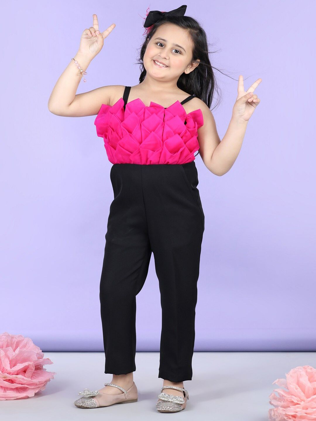 THE LITTLE CELEBS Girls Self Design Basic Jumpsuit With Hair Bow-picture-40
